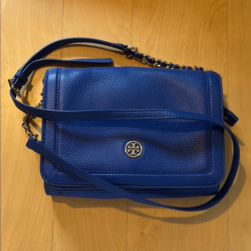 Tory Burch Blue Crossbody Bag with Gold Medallion